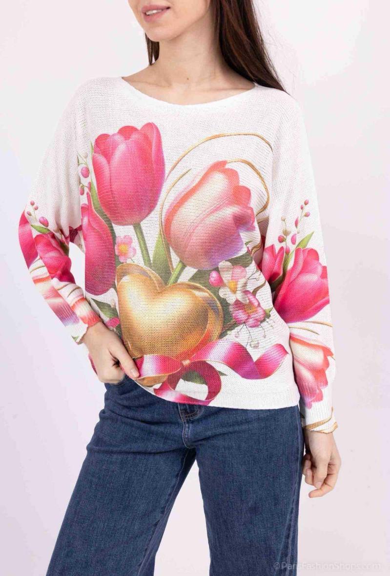Pull à imprimé tulipes rosé
