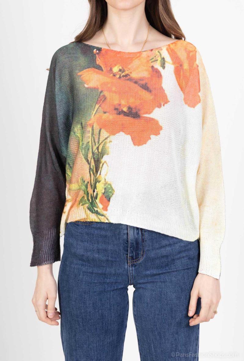 Pull court à imprimé fleurs immenses