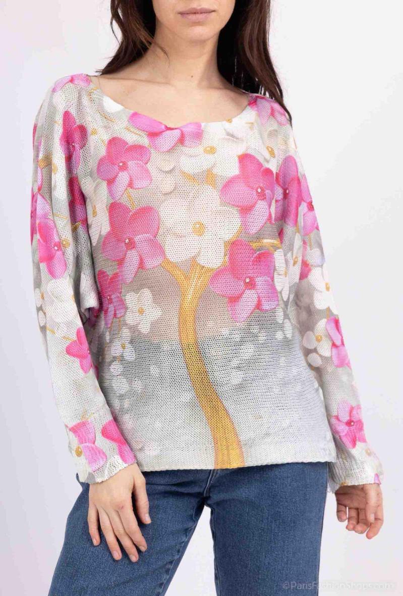 Pull à imprimé fleurs peint