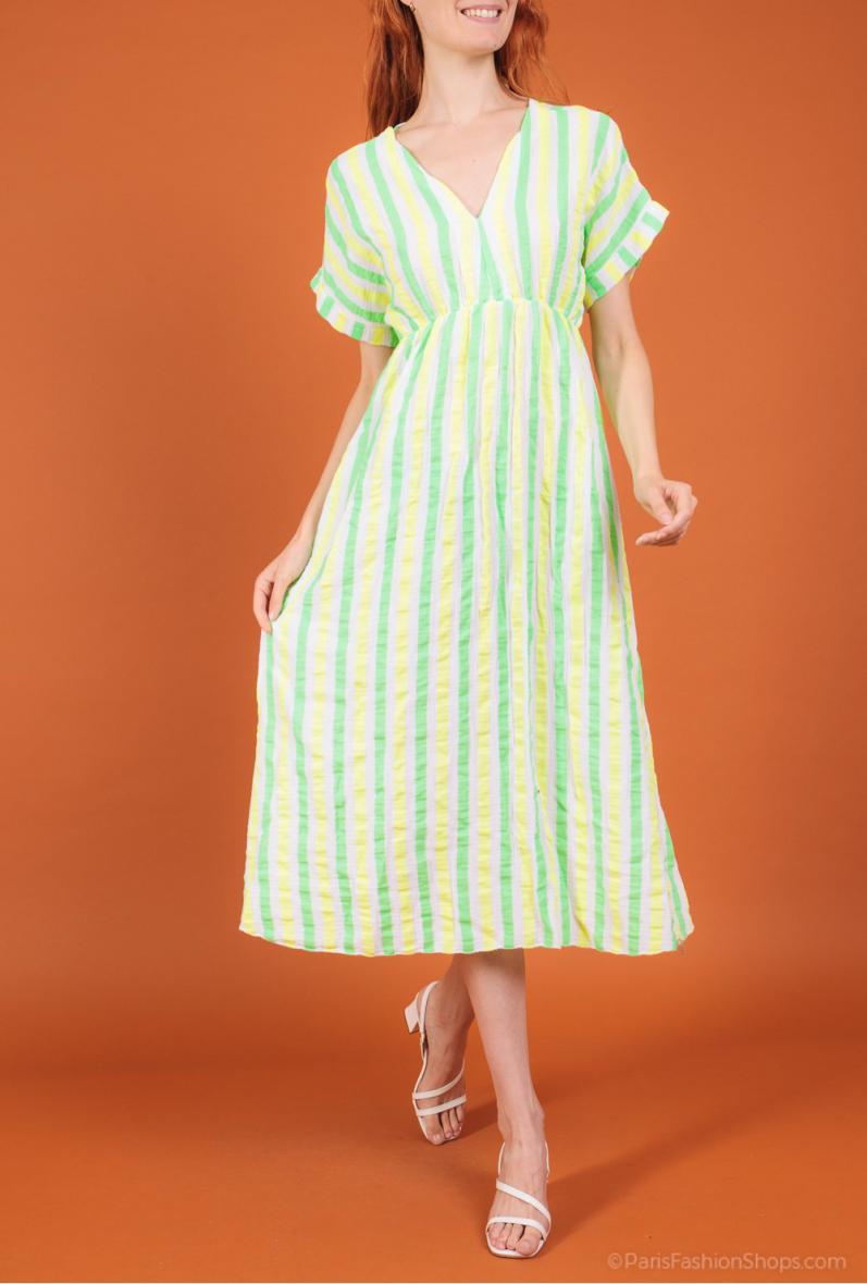 Robe rayures col v en coton